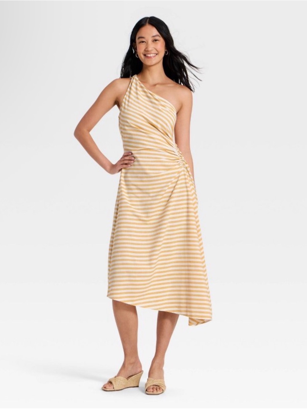 a new day One-Shoulder Striped Midi Dress in Yellow and White